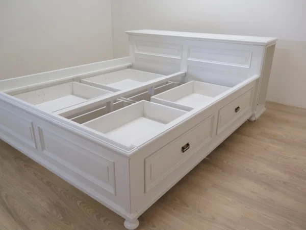 Deluxe Bett 180x200cm – Massivholz aus Fichte, weiße Oberfläche, mit 4 Schubladen und zusätzlichem Stauraum – Ohne Lattenrost