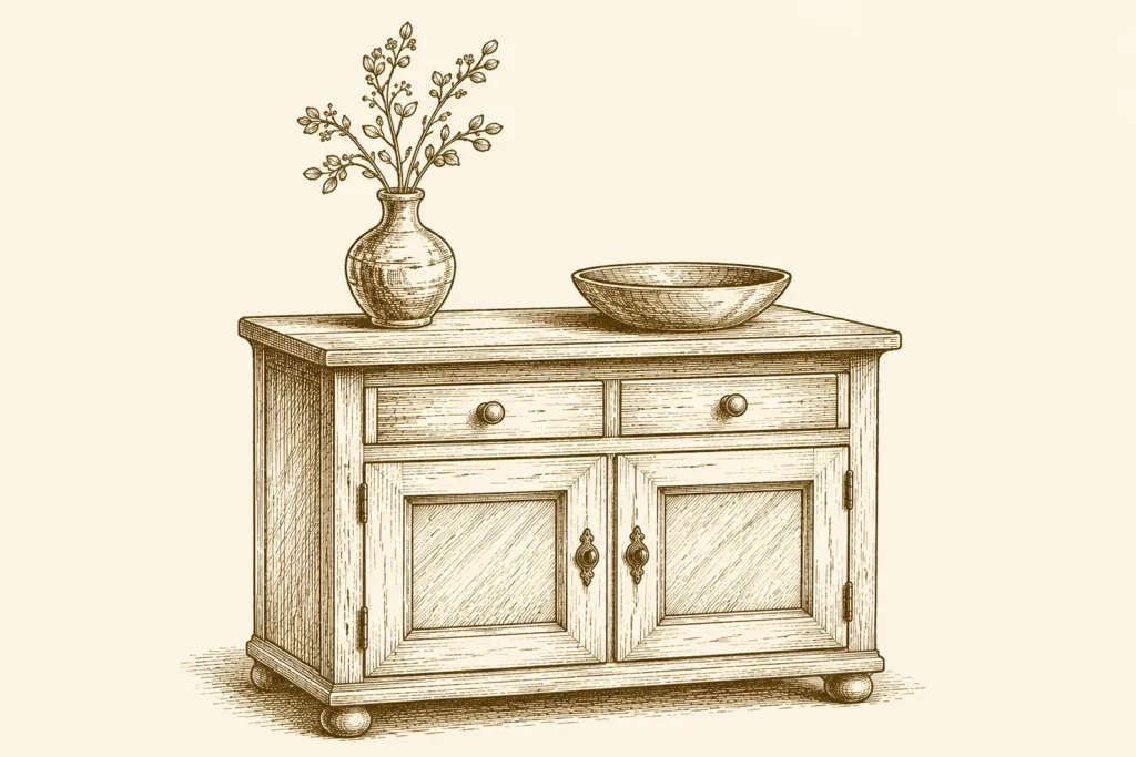 Rustikales Sideboard aus Holz mit dekorativen Details